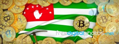 Bitcoins Gold Around Abkhazia  Flag And Pickaxe On The Left.3d I… Stock Image