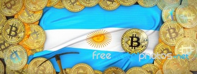 Bitcoins Gold Around Argentina  Flag And Pickaxe On The Left.3d Stock Image