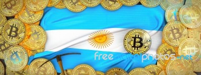 Bitcoins Gold Around Argentina Flag And Pickaxe On The Left.3d Stock Image Bitcoins Gold Around Argentina Flag And Pickaxe On The Left.3d Stock Image