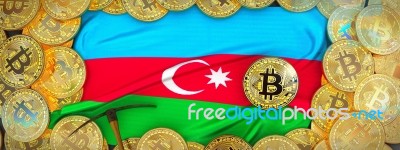 Bitcoins Gold Around Azerbaijan  Flag And Pickaxe On The Left.3d… Stock Image