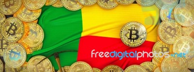 Bitcoins Gold Around Benin  Flag And Pickaxe On The Left.3d Illu… Stock Image