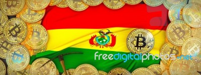 Bitcoins Gold Around Bolivia  Flag And Pickaxe On The Left.3d Il… Stock Image