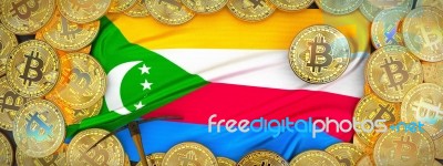 Bitcoins Gold Around Comoros  Flag And Pickaxe On The Left.3d Il… Stock Image