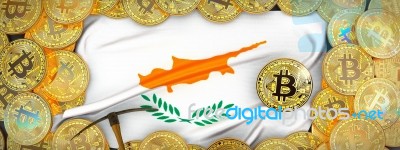Bitcoins Gold Around Cyprus  Flag And Pickaxe On The Left.3d Ill… Stock Image