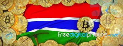 Bitcoins Gold Around Gambia  Flag And Pickaxe On The Left.3d Ill… Stock Image