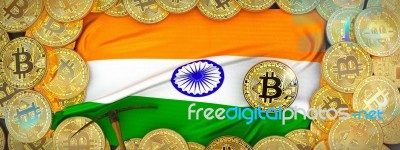Bitcoins Gold Around Indea  Flag And Pickaxe On The Left.3d Illu… Stock Image