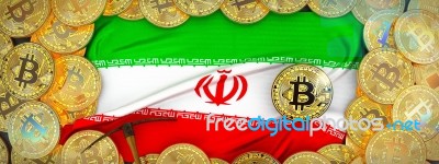 Bitcoins Gold Around Iran  Flag And Pickaxe On The Left.3d Illus… Stock Image