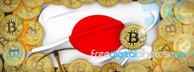 Bitcoins Gold Around Japan  Flag And Pickaxe On The Left.3d Illu… Stock Image