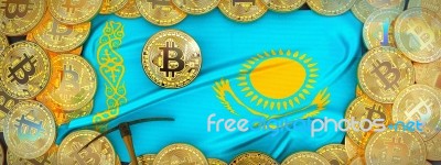 Bitcoins Gold Around Kazakhstan  Flag And Pickaxe On The Left.3d… Stock Image