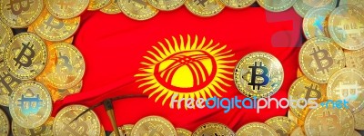 Bitcoins Gold Around Kyrgyzstan  Flag And Pickaxe On The Left.3d… Stock Image