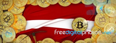 Bitcoins Gold Around Latvia  Flag And Pickaxe On The Left.3d Ill… Stock Image