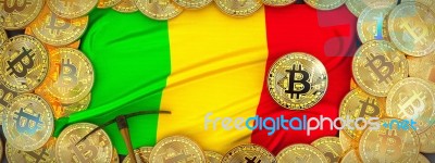 Bitcoins Gold Around Mali  Flag And Pickaxe On The Left.3d Illus… Stock Image