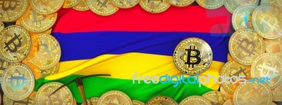 Bitcoins Gold Around Mauritius  Flag And Pickaxe On The Left.3d Stock Image