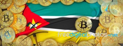 Bitcoins Gold Around Mozambique  Flag And Pickaxe On The Left.3d… Stock Image