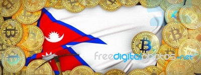 Bitcoins Gold Around Nepal  Flag And Pickaxe On The Left.3d Illu… Stock Image