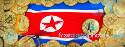Bitcoins Gold Around North Korea  Flag And Pickaxe On The Left.3… Stock Image