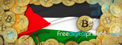 Bitcoins Gold Around Palestine  Flag And Pickaxe On The Left.3d Stock Image
