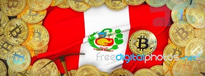 Bitcoins Gold Around Peru  Flag And Pickaxe On The Left.3d Illus… Stock Image