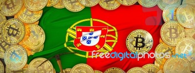 Bitcoins Gold Around Portugal  Flag And Pickaxe On The Left.3d I… Stock Image