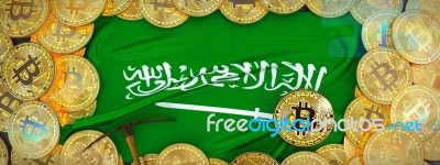 Bitcoins Gold Around Saudi Arabia  Flag And Pickaxe On The Left Stock Image