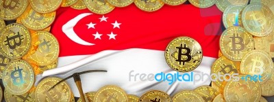 Bitcoins Gold Around Singapore  Flag And Pickaxe On The Left.3d Stock Image