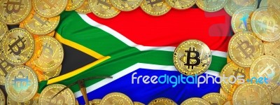 Bitcoins Gold Around South Africa  Flag And Pickaxe On The Left Stock Image