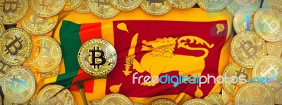 Bitcoins Gold Around Sri Lanka Flag And Pickaxe On The Left.3d Stock Image Bitcoins Gold Around Sri Lanka Flag And Pickaxe On The Left.3d Stock Image