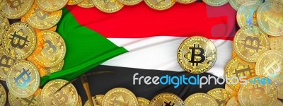 Bitcoins Gold Around Sudan  Flag And Pickaxe On The Left.3d Illu… Stock Image