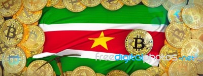 Bitcoins Gold Around Suriname  Flag And Pickaxe On The Left.3d I… Stock Image