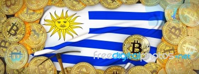 Bitcoins Gold Around Uruguay  Flag And Pickaxe On The Left.3d Il… Stock Image