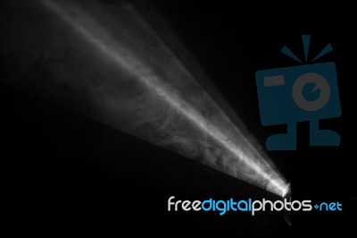 Black And White Color . Projector Beautiful Spotlight . Wide Lens Equipment For Show Presentation At Night . Smoke Abstract Background . Digital Monitor For Multimedia Teach  Stock Photo