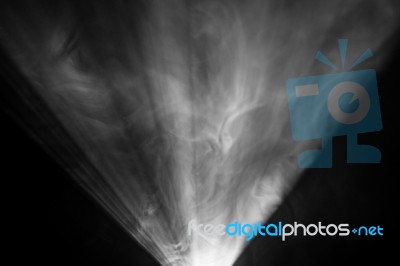Black And White Color . Projector Beautiful Spotlight . Wide Lens Equipment For Show Presentation At Night . Smoke Abstract Background . Digital Monitor For Multimedia Teach  Stock Photo