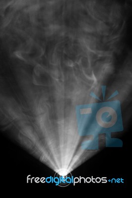 Black And White Color . Projector Beautiful Spotlight . Wide Lens Equipment For Show Presentation At Night . Smoke Abstract Background . Digital Monitor For Multimedia Teach  Stock Photo