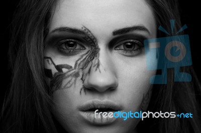 Black And White Portrait Of A Girl With Fantasy Make Up Stock Photo