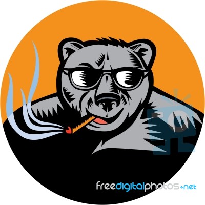 Black Bear Sunglasses Cigar Circle Woodcut Stock Image