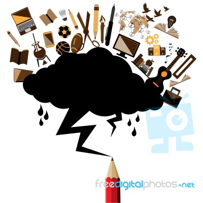 Black Cloud And Lightning Drawing By Red Pencil With Education A… Stock Image