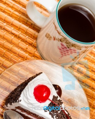 Black Forest Cake Indicates Coffee Break And Beverages Stock Photo