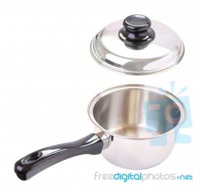 Black Handle Round Stainless Pot With Floating Cover On White Background Stock Photo