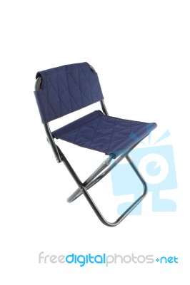 Black Iron Folding Chair With Blue Fabric On White Background Stock Photo