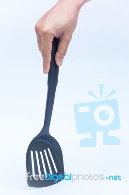 Black Plastic Kitchen Spatula On White Background Stock Photo