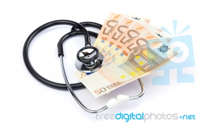 Black Professional Stethoscope With Euro Money On White Stock Photo