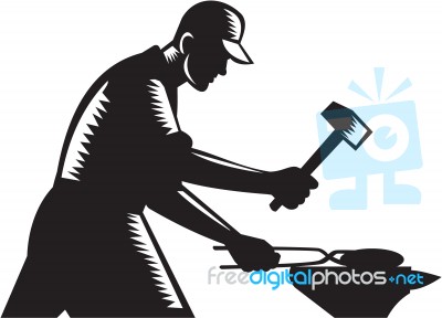 Blacksmith Worker Forging Iron Black And White Woodcut Stock Image