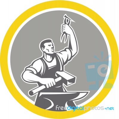 Blacksmith Worker Holding Pliers Anvil Circle Retro Stock Image
