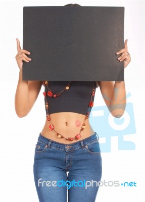 Blank Board Held By Woman Stock Photo