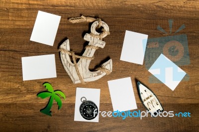 Blank Paper Sheet With Boat, Anchor, Palm Tree, And Compass Decoration Stock Photo