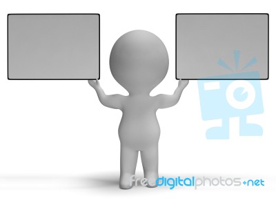 Blank White Signs With Copyspace Are Held By 3d Character Stock Image