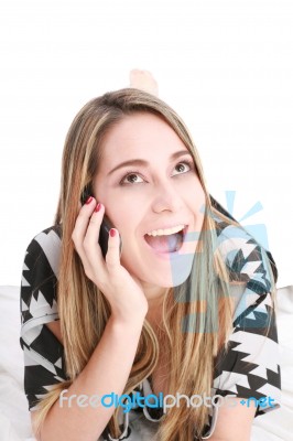 Blonde Lady Talking On Cell Phone Stock Photo