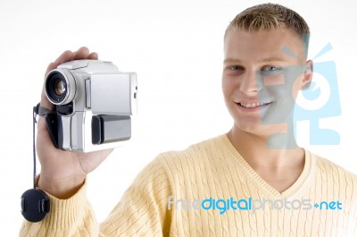 Blonde Man With Handy Cam Stock Photo