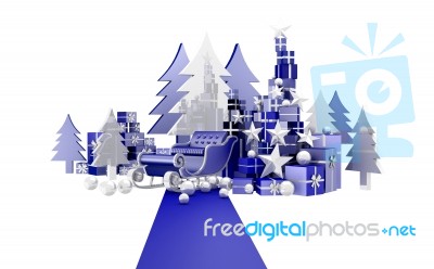 Blue Carpet With Blue Santa Sleigh And Blue Gifts Isolated On White Background Stock Image