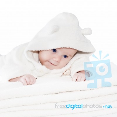 Blue Eyes Baby Boy On White Towels Stock Photo
